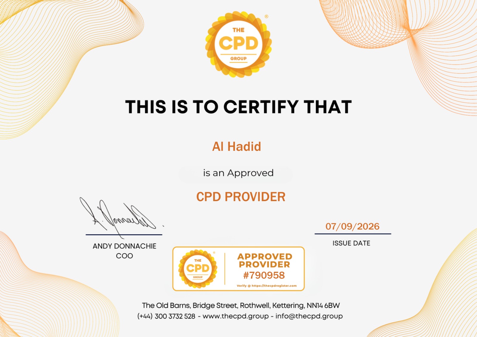 The CPD Group CPD approval certificate for Al Hadid